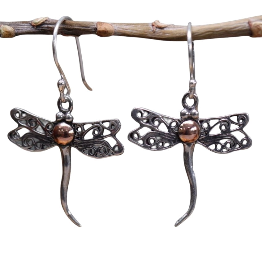 Kolczyki srebrno złote - Ważka