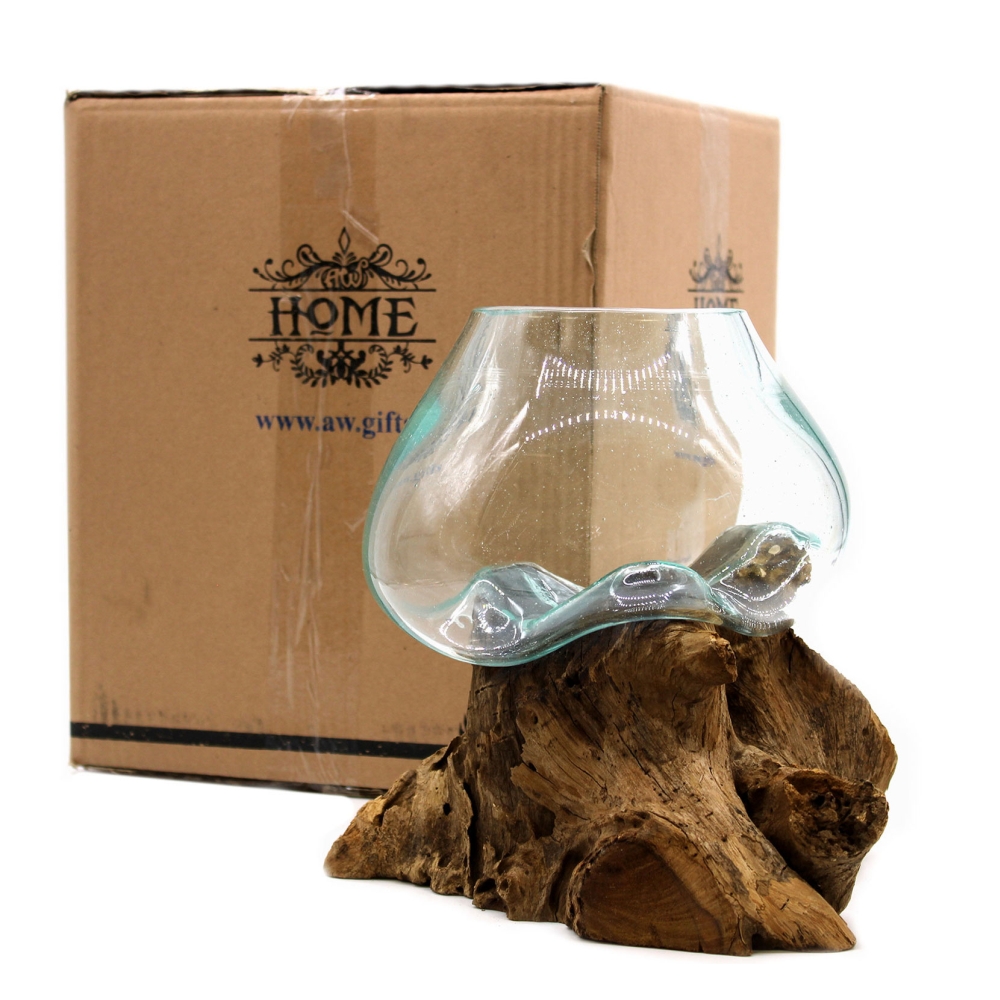 Szklany Wazon Wtopiony w Drewno - Duży Wazon