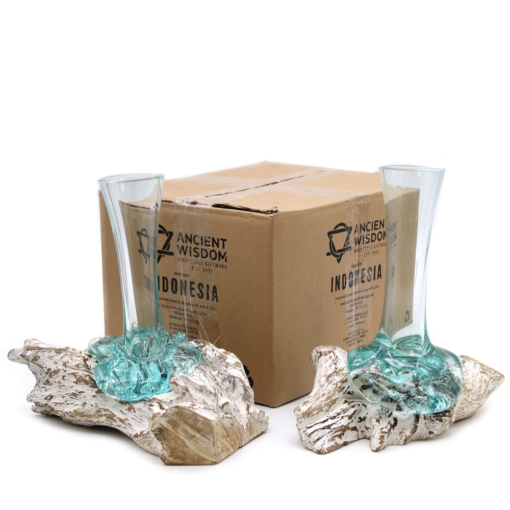 Szklany Wazon Wtopiony w Drewno - Wąski Średni