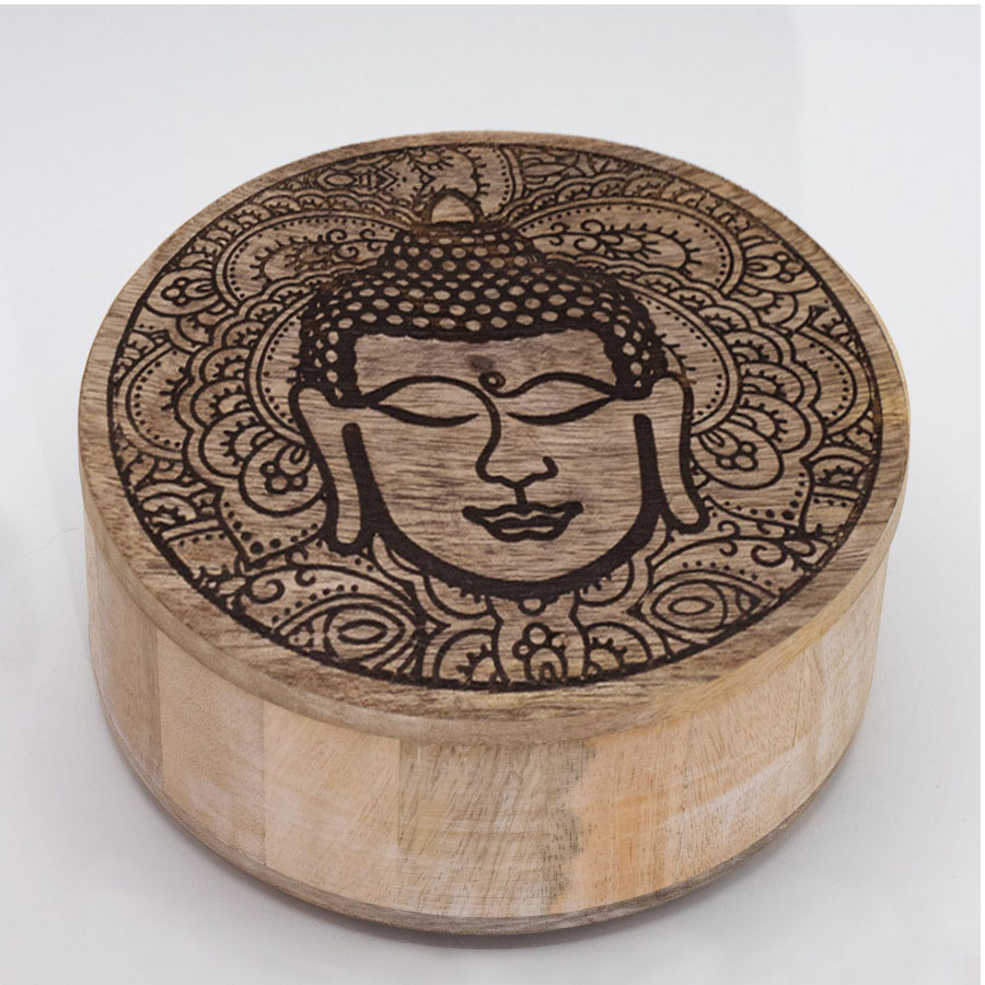 Drewniane okrągłe pudełko - Ciemny Budda 3 Drewniane okrągłe pudełko - Ciemny Budda