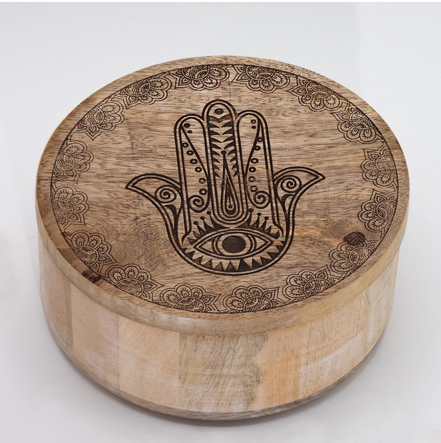 Drewniane okrągłe pudełko - Hamsa Czarna 3 Drewniane okrągłe pudełko - Hamsa Czarna