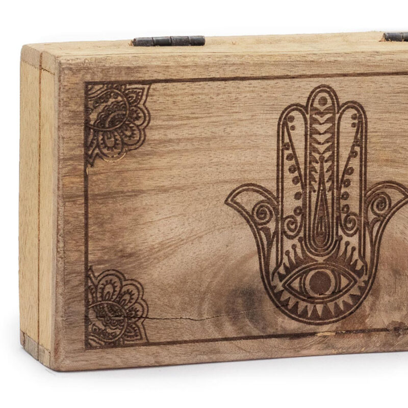 Drewniane pudełko grawerowane - Hamsa Czarna (średnie)
