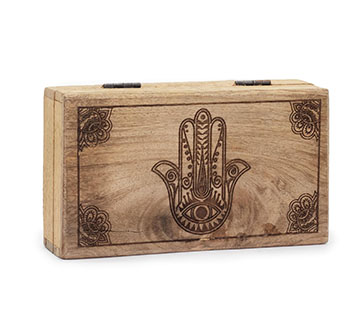 Drewniane pudełko grawerowane - Hamsa Czarna (średnie)