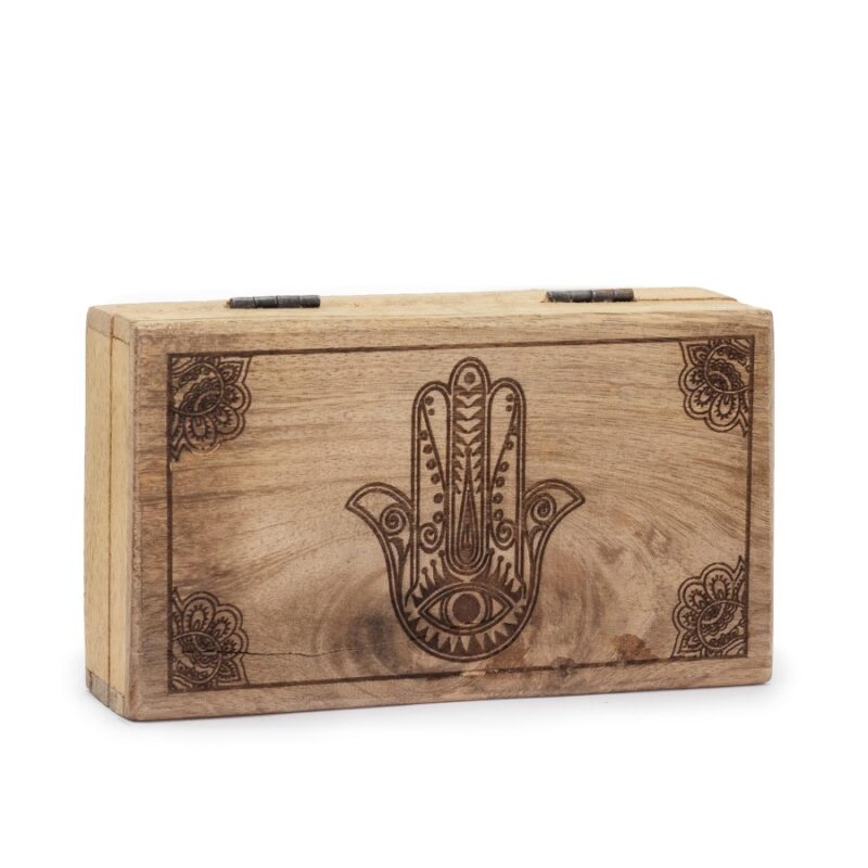 Drewniane pudełko grawerowane - Hamsa Czarna (średnie)