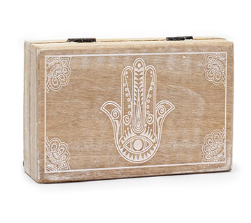 Drewniane pudełko grawerowane - Hamsa Biała