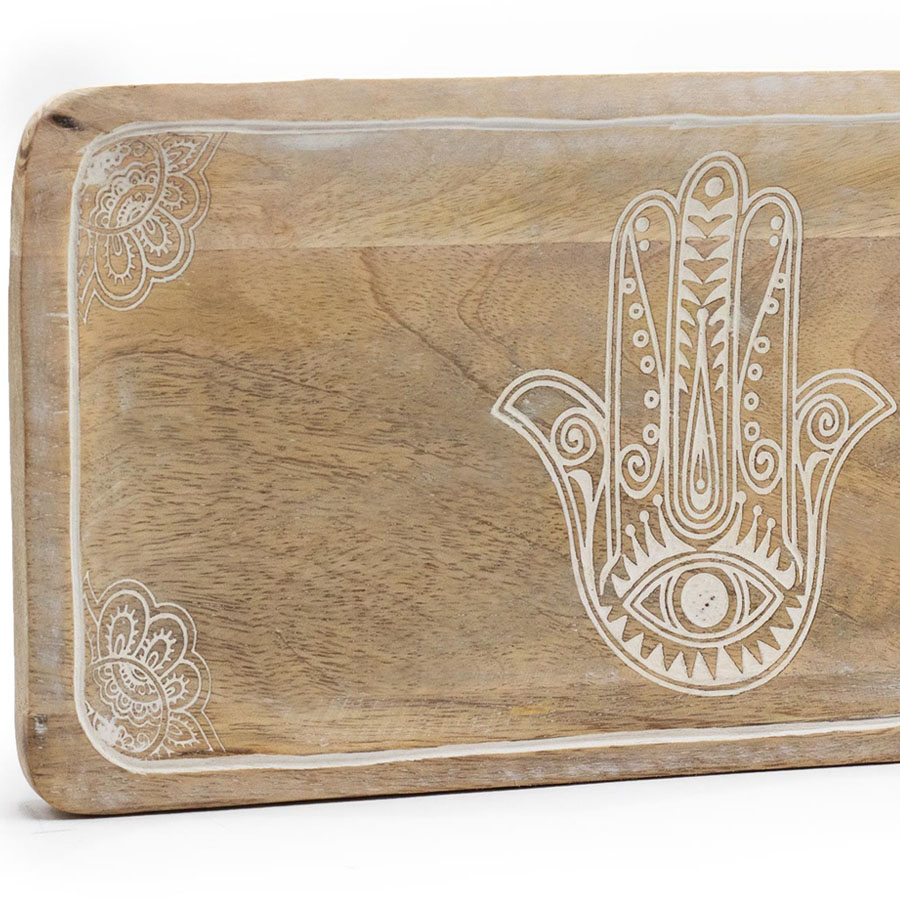 Taca drewniana długa - Hamsa Biała 1 Taca drewniana długa - Hamsa Biała